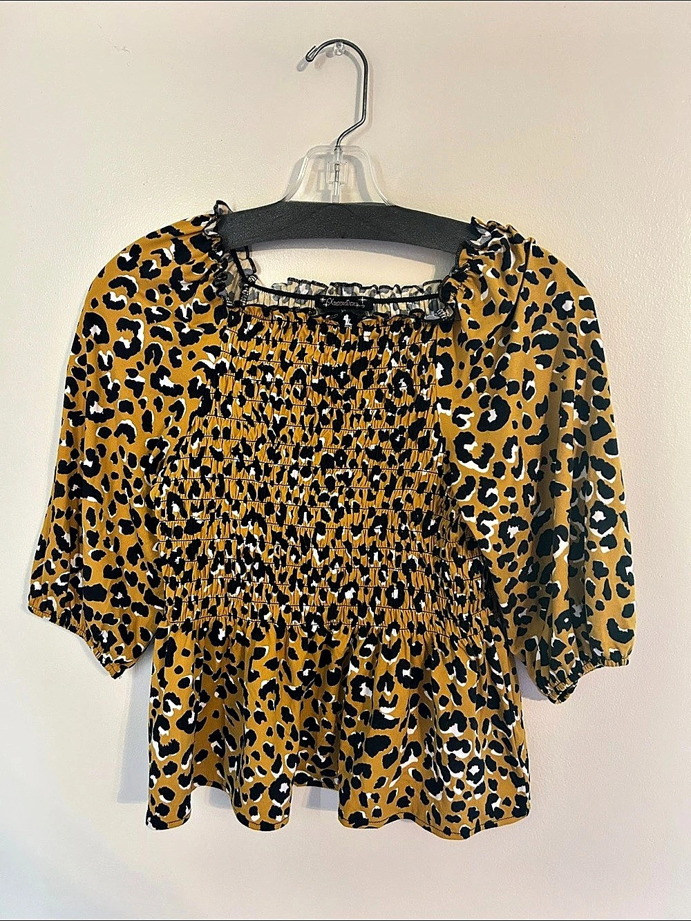 Extraordinary Leopard Print Smocked Blouse Gold & Black Like New